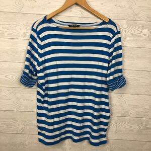 Lauren Ralph Lauren Women's 1X Striped Short Sleeve Tee Blue White 100% Cotton